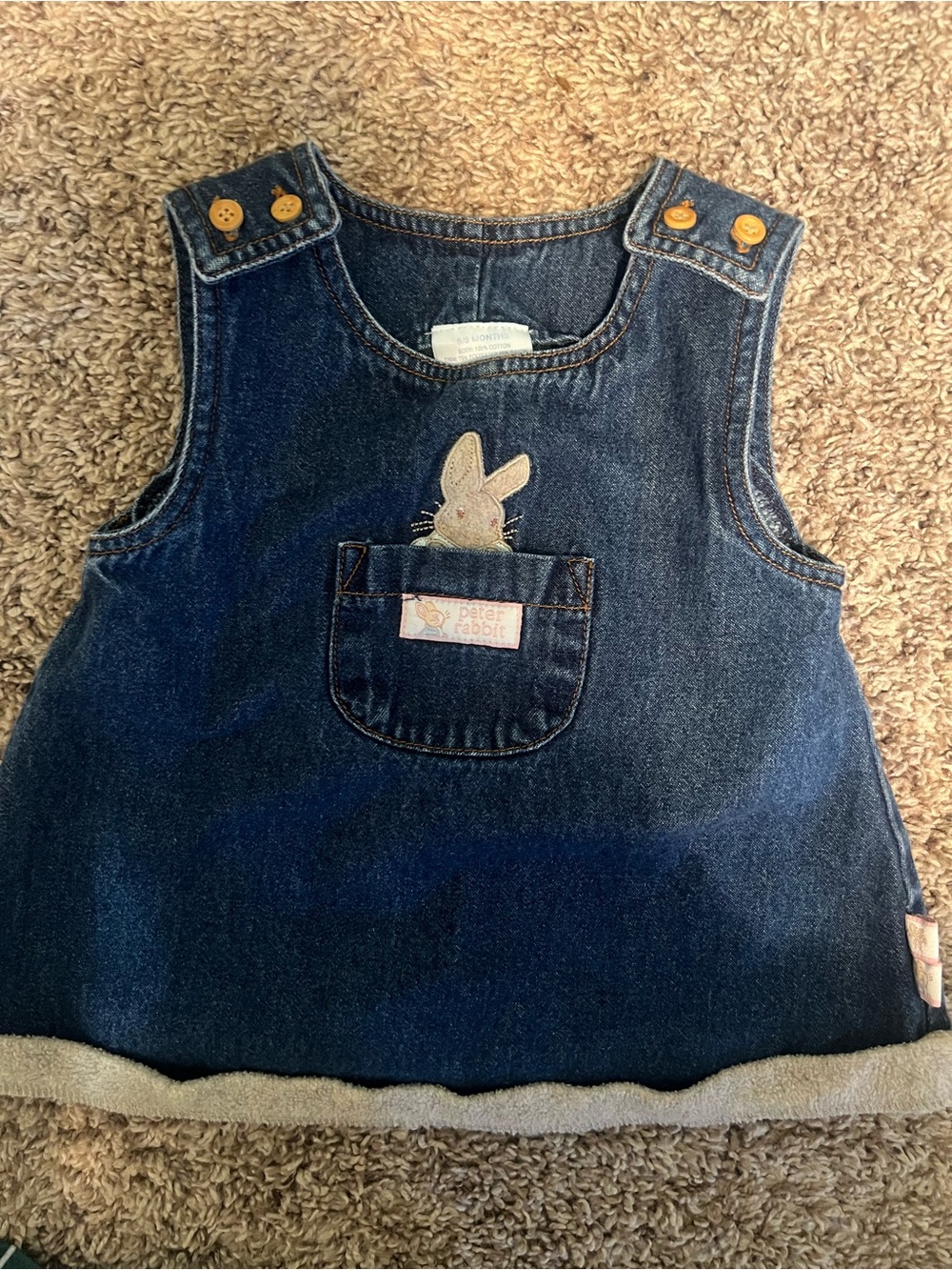 Vintage Peter Rabbit Embroidery Denim Pinafore Dress Overall Sherpa Easter 6/9